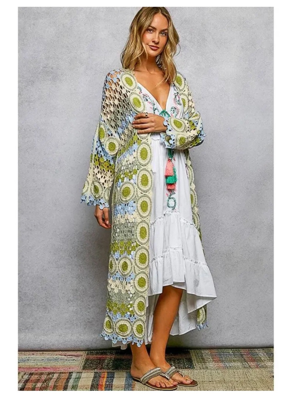 POL "Sunny Days" Crochet Open-Knit Cardigan Kimono Green